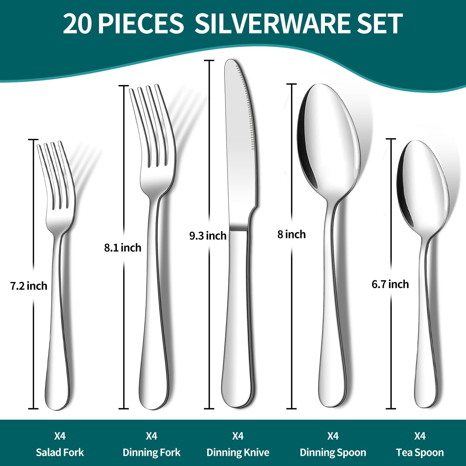 20 Piece Silverware Set, ENLOY Stainless Steel Flatware Cutlery Set, Kitchen Utensil Set Service for 4, Include Knife Fork Spoon, Mirror Polished, Dishwasher Safe - Image 2