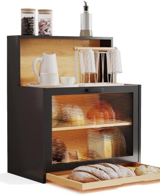 Bread box for Kitchen Countertop, Farmhouse BreadBoxes for Kitchen Counter Airtight, Large Bamboo Organizer for Homemade Bread Storage, Cups, Spices & Snacks, Black